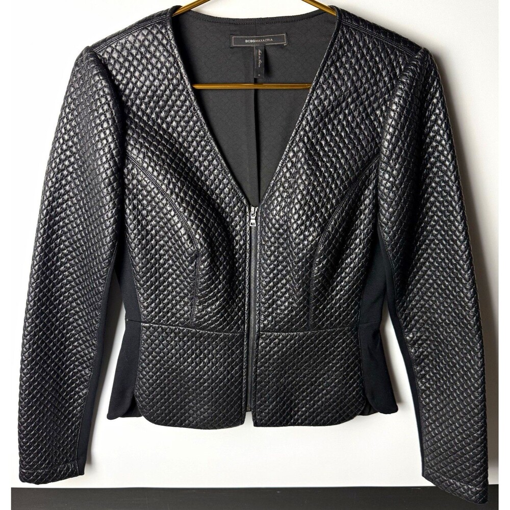 BCBGMAXAZRIA Womens S Black Quilted Faux Leather Moto Jacket Zip Peplum
